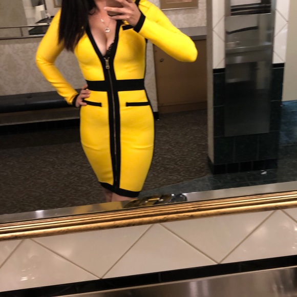 Yellow black bandage dress women’s XS long sleeve - Picture 2 of 8